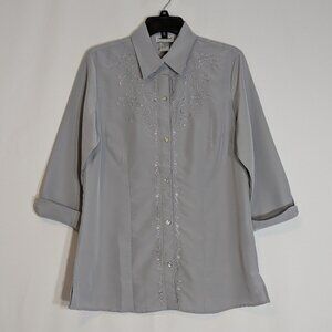 ANTHONY RICHARDS Gray Silky Embroidered Chiffon Button Blouse; Size 12